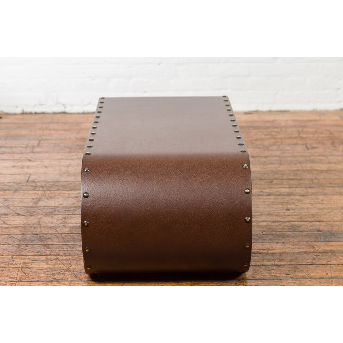Chinese Midcentury Waterfall Scroll Table with Crackled Brown Faux Leather-15. Asian & Chinese Furniture, Art, Antiques, Vintage Home Décor for sale at FEA Home