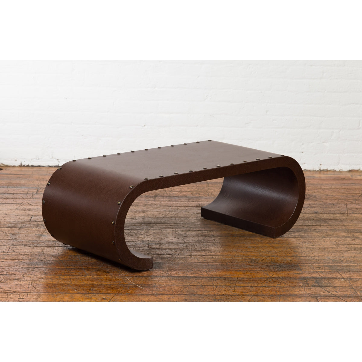 Chinese Midcentury Waterfall Scroll Table with Crackled Brown Faux Leather-3. Asian & Chinese Furniture, Art, Antiques, Vintage Home Décor for sale at FEA Home