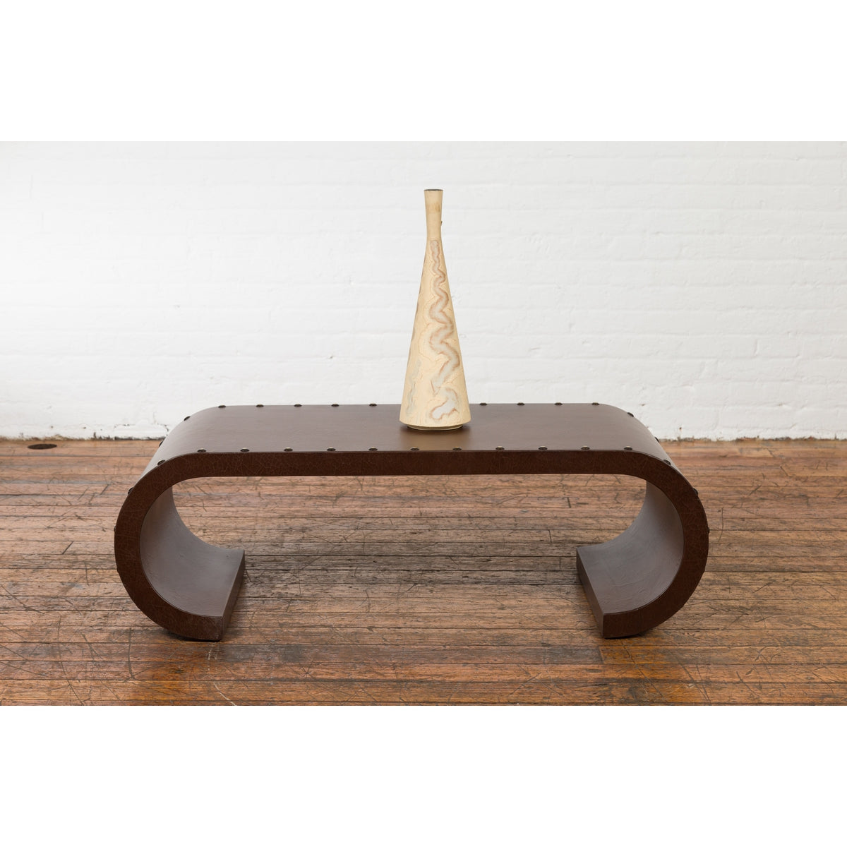 Chinese Midcentury Waterfall Scroll Table with Crackled Brown Faux Leather-4. Asian & Chinese Furniture, Art, Antiques, Vintage Home Décor for sale at FEA Home