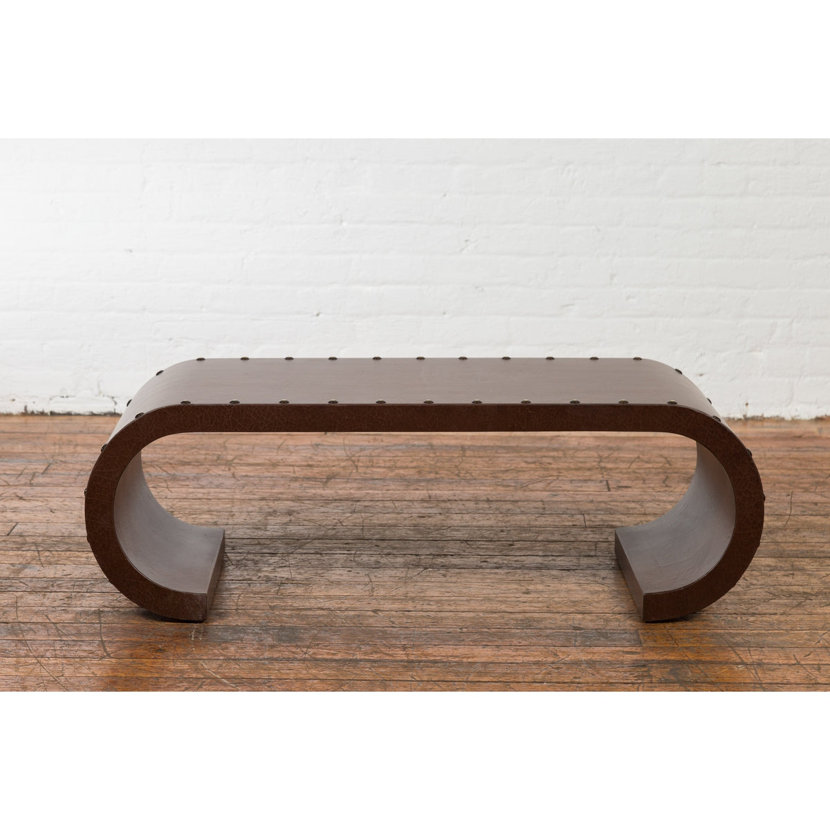 Chinese Midcentury Waterfall Scroll Table with Crackled Brown Faux Leather-5. Asian & Chinese Furniture, Art, Antiques, Vintage Home Décor for sale at FEA Home