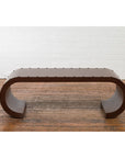 Chinese Midcentury Waterfall Scroll Table with Crackled Brown Faux Leather-5. Asian & Chinese Furniture, Art, Antiques, Vintage Home Décor for sale at FEA Home