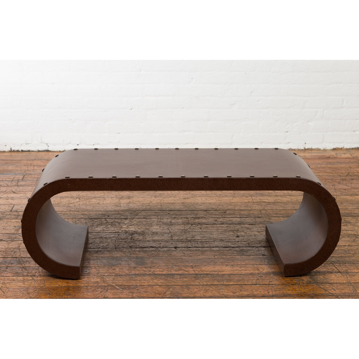 Chinese Midcentury Waterfall Scroll Table with Crackled Brown Faux Leather-6. Asian & Chinese Furniture, Art, Antiques, Vintage Home Décor for sale at FEA Home