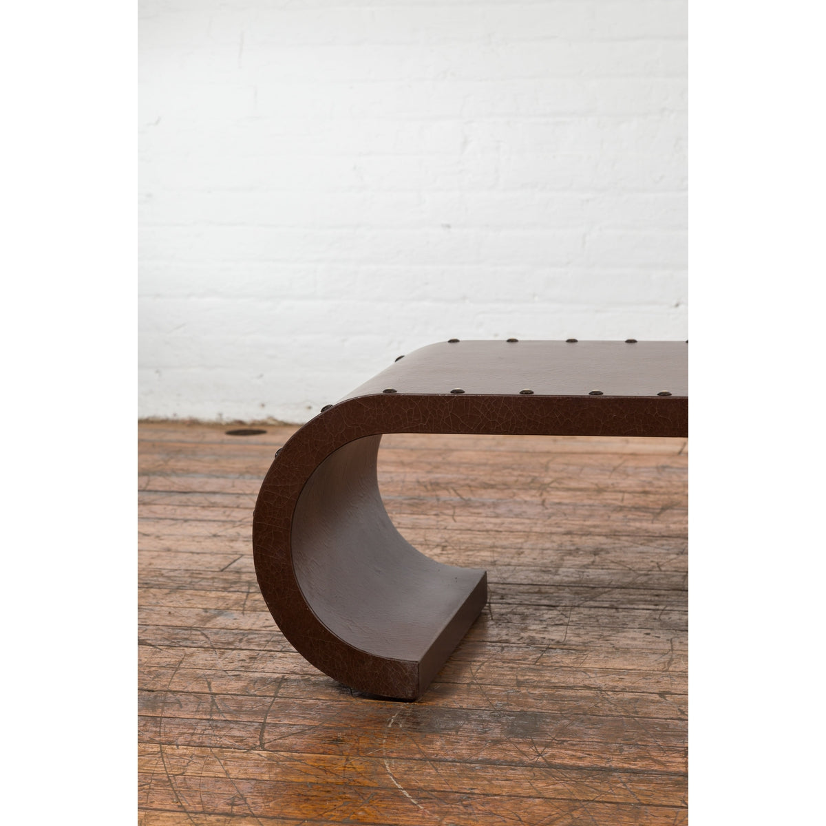 Chinese Midcentury Waterfall Scroll Table with Crackled Brown Faux Leather-7. Asian & Chinese Furniture, Art, Antiques, Vintage Home Décor for sale at FEA Home