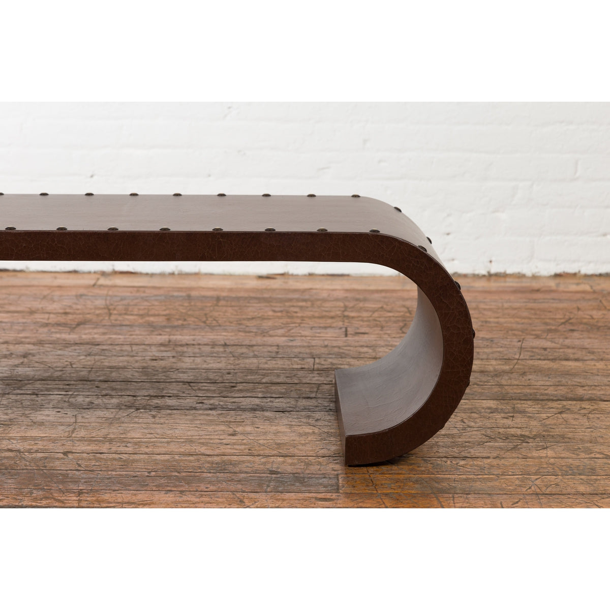 Chinese Midcentury Waterfall Scroll Table with Crackled Brown Faux Leather-8. Asian & Chinese Furniture, Art, Antiques, Vintage Home Décor for sale at FEA Home