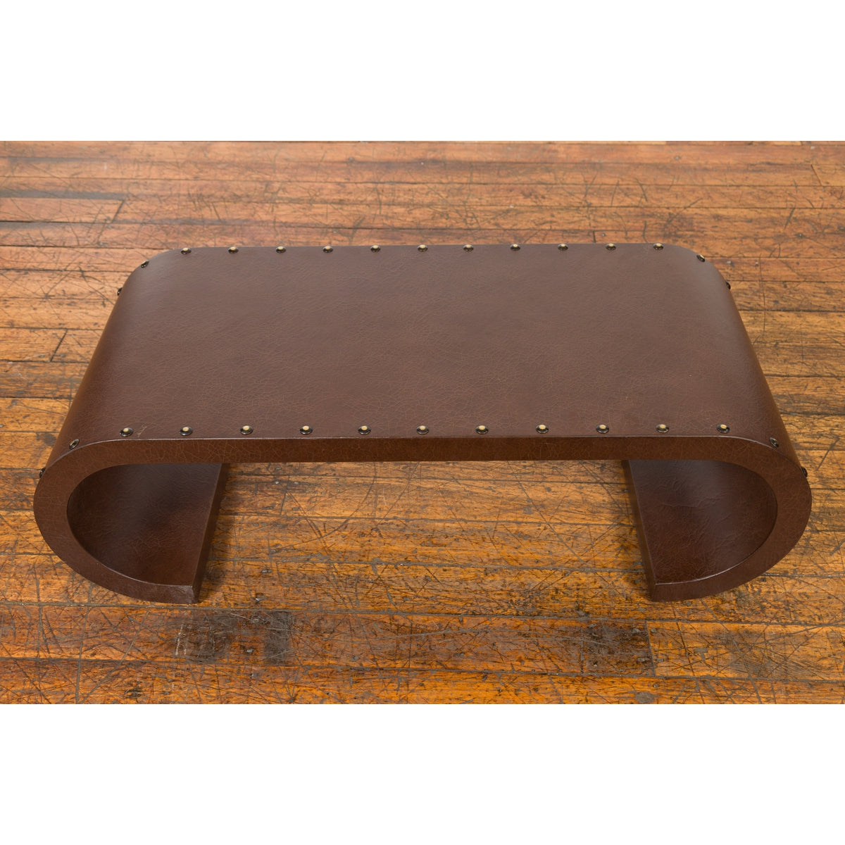 Chinese Midcentury Waterfall Scroll Table with Crackled Brown Faux Leather-9. Asian & Chinese Furniture, Art, Antiques, Vintage Home Décor for sale at FEA Home