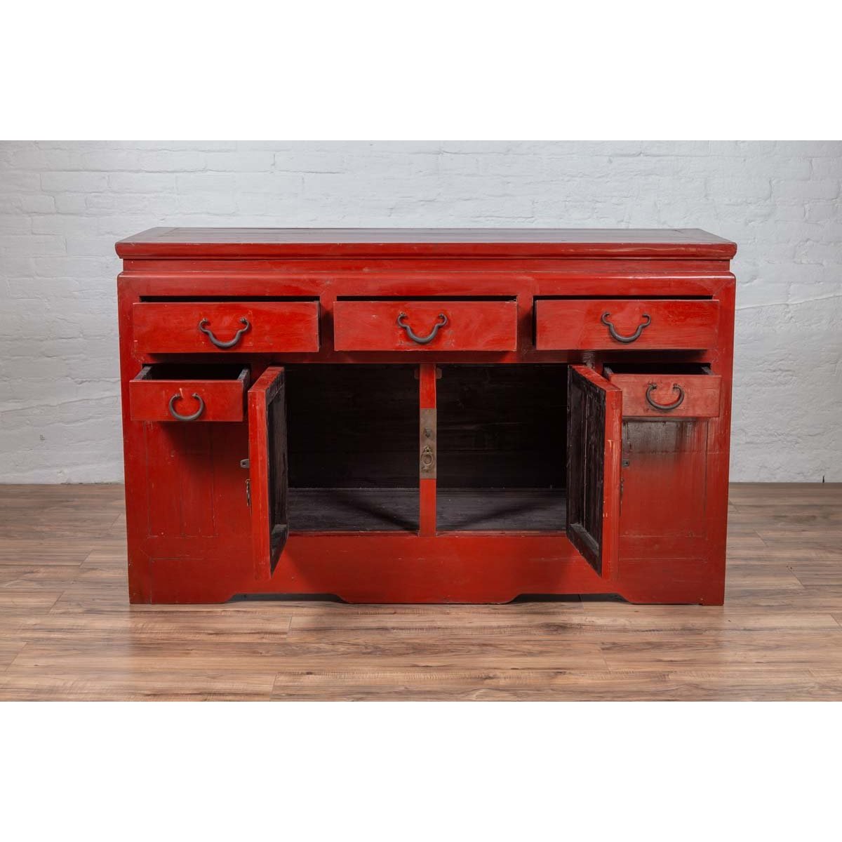 Chinese Ming Dynasty Style Red Lacquered Console Cabinet with Doors and Drawers-11. Asian & Chinese Furniture, Art, Antiques, Vintage Home Décor for sale at FEA Home