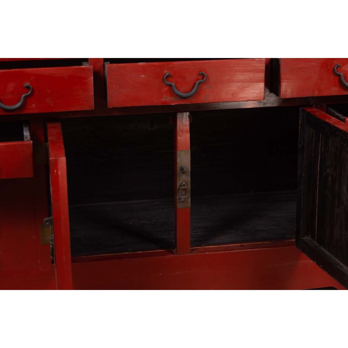 Chinese Ming Dynasty Style Red Lacquered Console Cabinet with Doors and Drawers-12. Asian & Chinese Furniture, Art, Antiques, Vintage Home Décor for sale at FEA Home