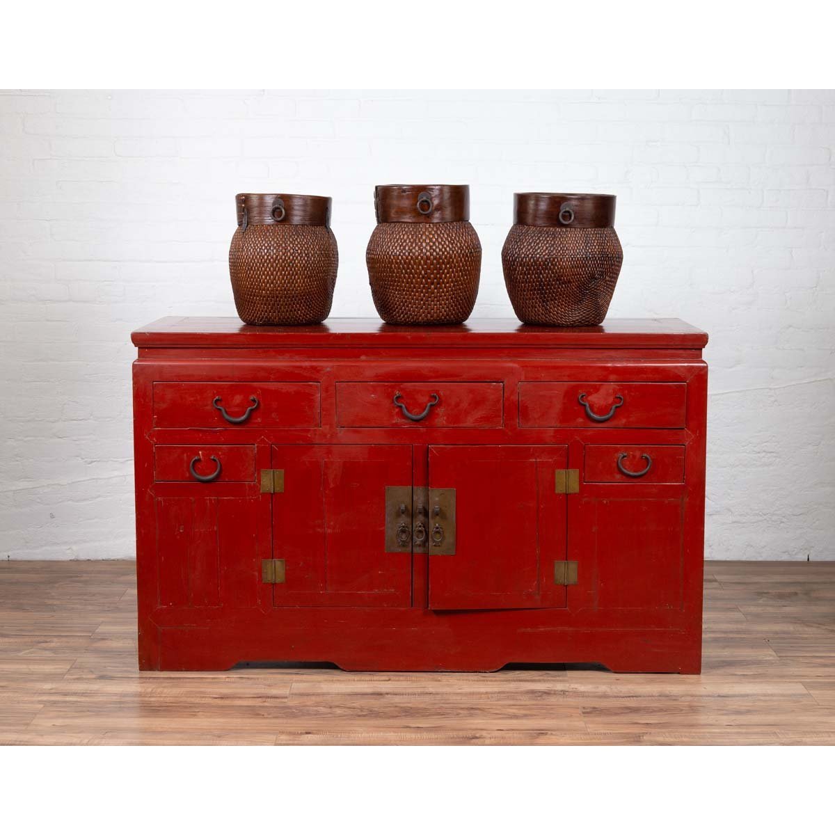 Chinese Ming Dynasty Style Red Lacquered Console Cabinet with Doors and Drawers-3. Asian & Chinese Furniture, Art, Antiques, Vintage Home Décor for sale at FEA Home
