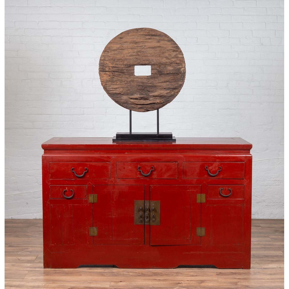 Chinese Ming Dynasty Style Red Lacquered Console Cabinet with Doors and Drawers-4. Asian & Chinese Furniture, Art, Antiques, Vintage Home Décor for sale at FEA Home