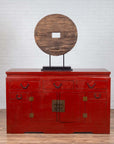 Chinese Ming Dynasty Style Red Lacquered Console Cabinet with Doors and Drawers-4. Asian & Chinese Furniture, Art, Antiques, Vintage Home Décor for sale at FEA Home