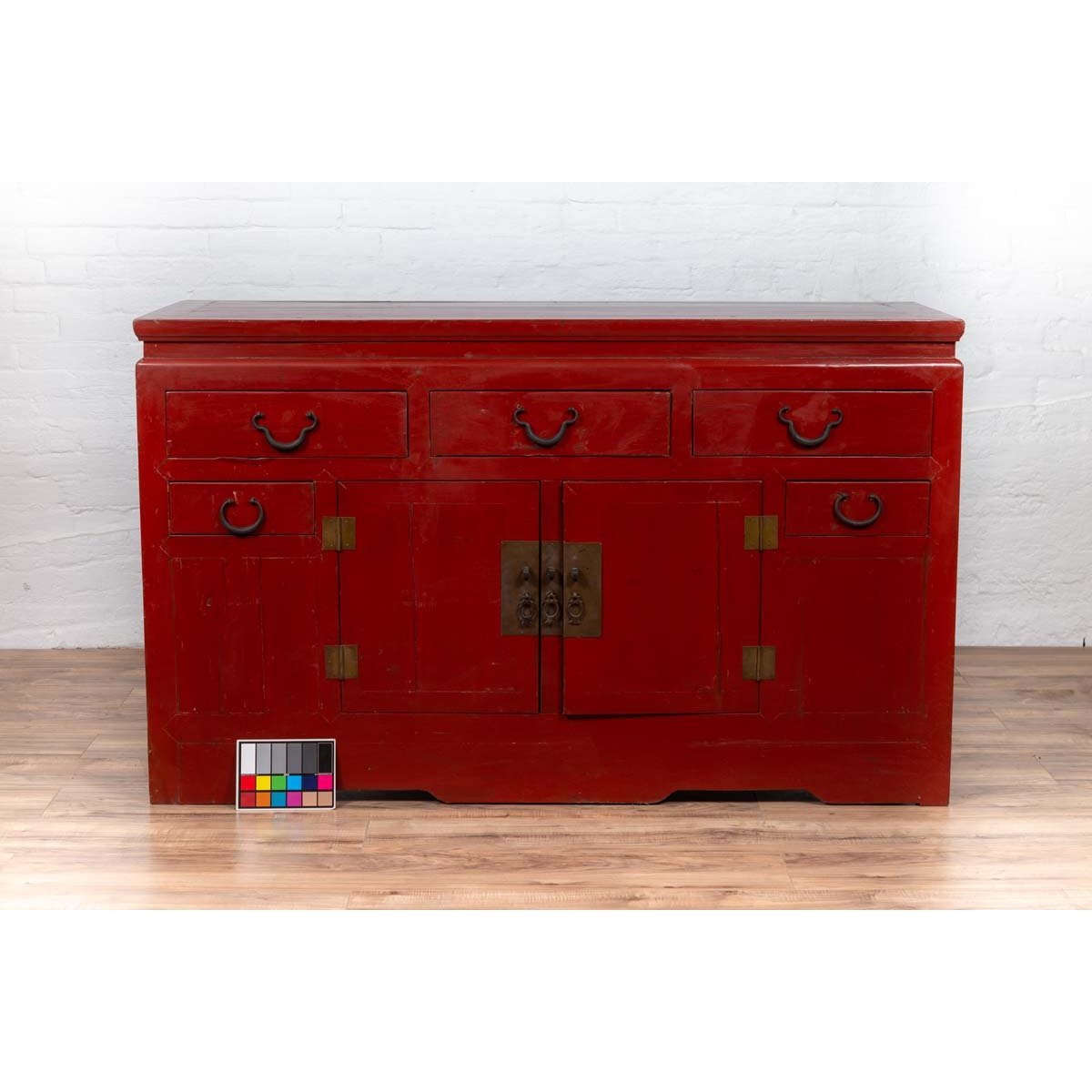 Chinese Ming Dynasty Style Red Lacquered Console Cabinet with Doors and Drawers-5. Asian & Chinese Furniture, Art, Antiques, Vintage Home Décor for sale at FEA Home
