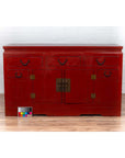 Chinese Ming Dynasty Style Red Lacquered Console Cabinet with Doors and Drawers-5. Asian & Chinese Furniture, Art, Antiques, Vintage Home Décor for sale at FEA Home