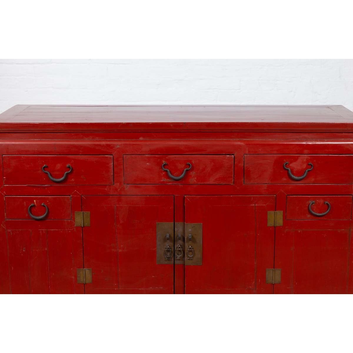 Chinese Ming Dynasty Style Red Lacquered Console Cabinet with Doors and Drawers-6. Asian & Chinese Furniture, Art, Antiques, Vintage Home Décor for sale at FEA Home