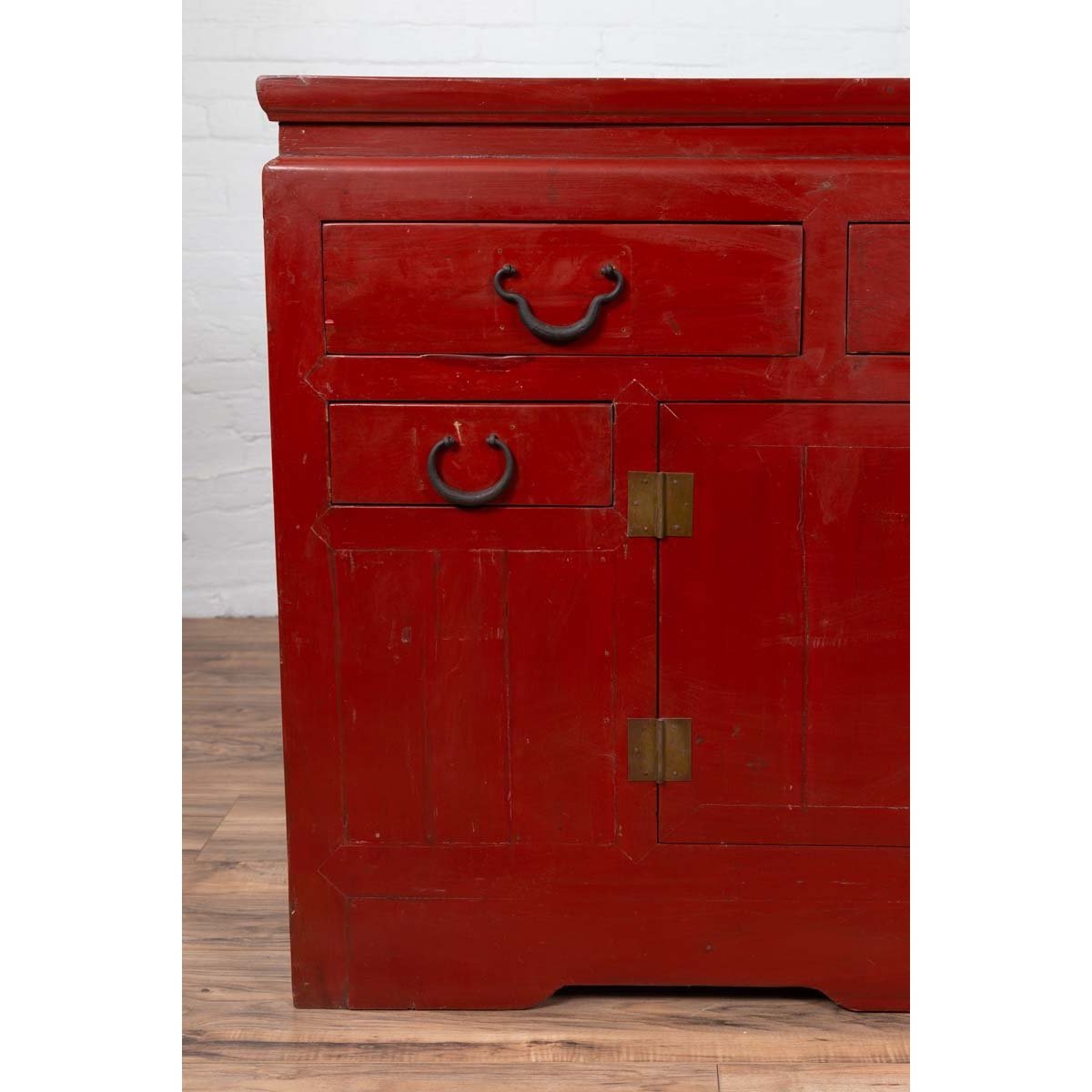 Chinese Ming Dynasty Style Red Lacquered Console Cabinet with Doors and Drawers-8. Asian & Chinese Furniture, Art, Antiques, Vintage Home Décor for sale at FEA Home