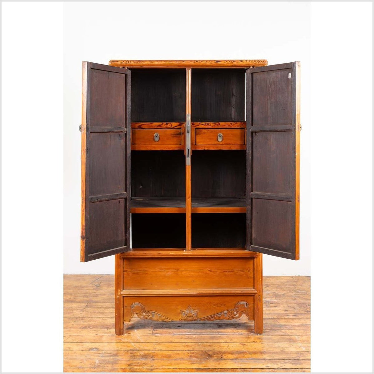 Chinese Ming Style Elm Wardrobe with Two Doors, Hidden Drawers and Carved Skirt-12. Asian & Chinese Furniture, Art, Antiques, Vintage Home Décor for sale at FEA Home