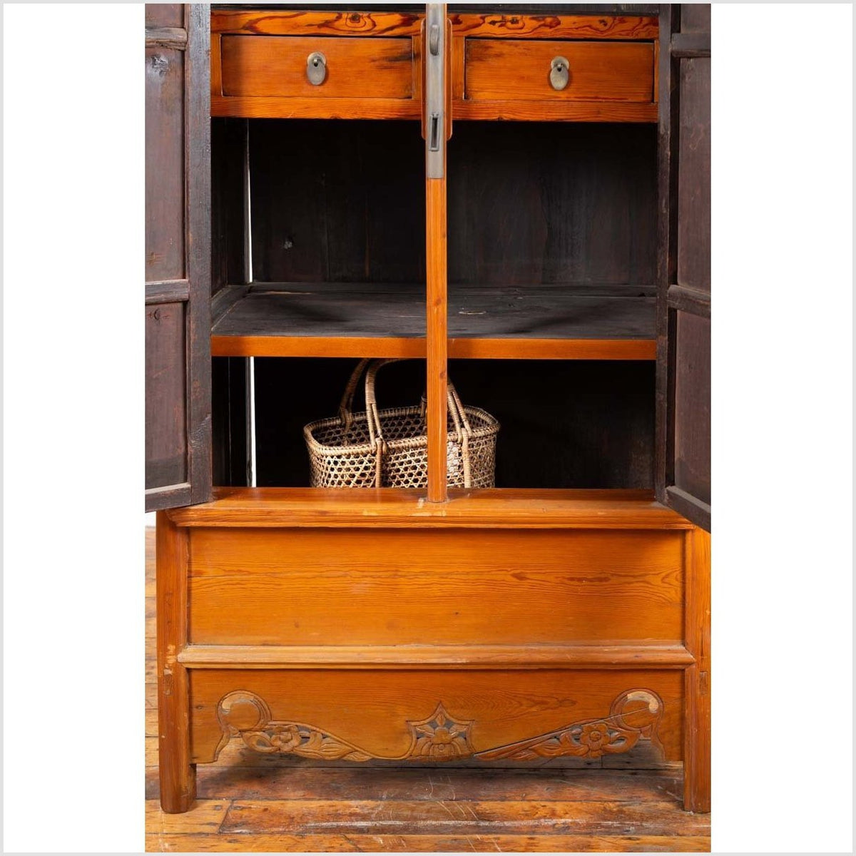 Chinese Ming Style Elm Wardrobe with Two Doors, Hidden Drawers and Carved Skirt-3. Asian & Chinese Furniture, Art, Antiques, Vintage Home Décor for sale at FEA Home