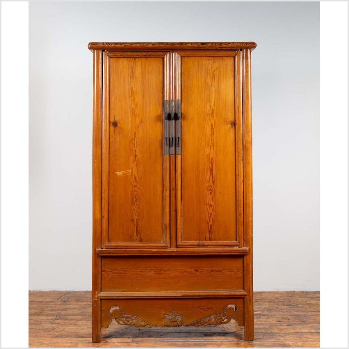 Chinese Ming Style Elm Wardrobe with Two Doors, Hidden Drawers and Carved Skirt-5. Asian & Chinese Furniture, Art, Antiques, Vintage Home Décor for sale at FEA Home