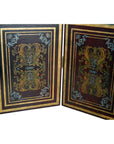 Gold-bordered floral 4-panel wood divider, vintage style with ornate detailing, double sided.