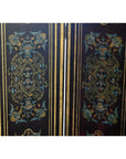 Black wood 4-panel vintage room divider with double sides, gold, blue, and red ornate floral motifs.