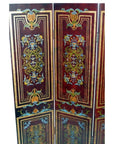 Brown wood 4-panel double sided room divider with ornate floral and geometric designs, vintage style.