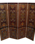 Dark brown vintage 4-panel divider featuring double-sided floral and geometric designs.
