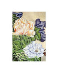 Close-up of multicolored flowers and green foliage on silk, Chinese painting style.