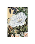 White flower and green leaves painted on silk in botanical style, includes smaller flowers, traditional Chinese art.