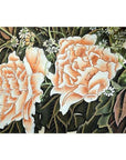 Peach-orange peonies and small white flowers with green leaves on silk, Chinese painting design.
