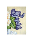 Purple and white flowers with greenery on silk, partial view on light beige background, Chinese painting.