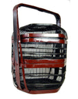 Close-up of black and brown woven bamboo Chinese picnic basket with handle, in very good condition.