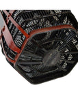 Black and brown hexagonal wire Chinese picnic basket, bottom view, on white background.