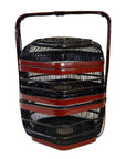 Close-up of a black and red woven Chinese picnic basket with handle, in very good condition.
