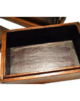 Dark polished wood picnic box with visible grain, open and empty, interior shown.