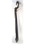 Dark carved wood Chinese PiPa lute with curved handle and jagged edge, close-up on white background.