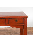 Chinese Qing Dynasty 19th Century Red Orange Lacquered Table with Three Drawers-18. Asian & Chinese Furniture, Art, Antiques, Vintage Home Décor for sale at FEA Home