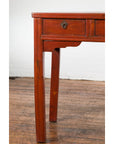 Chinese Qing Dynasty 19th Century Red Orange Lacquered Table with Three Drawers-19. Asian & Chinese Furniture, Art, Antiques, Vintage Home Décor for sale at FEA Home