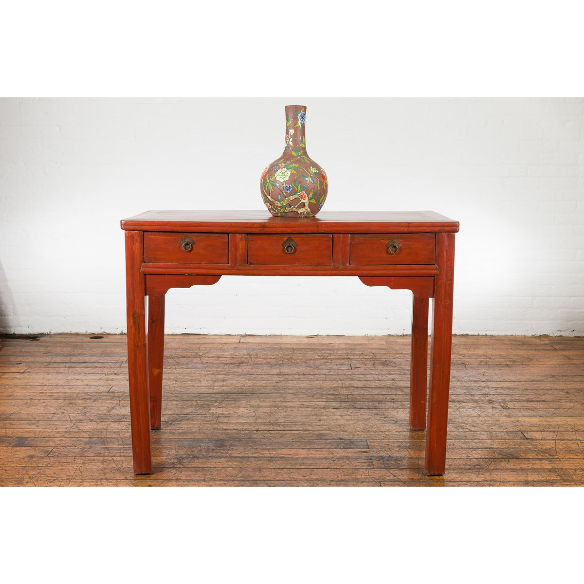 Chinese Qing Dynasty 19th Century Red Orange Lacquered Table with Three Drawers-3. Asian & Chinese Furniture, Art, Antiques, Vintage Home Décor for sale at FEA Home