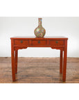 Chinese Qing Dynasty 19th Century Red Orange Lacquered Table with Three Drawers-3. Asian & Chinese Furniture, Art, Antiques, Vintage Home Décor for sale at FEA Home