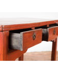 Chinese Qing Dynasty 19th Century Red Orange Lacquered Table with Three Drawers-4. Asian & Chinese Furniture, Art, Antiques, Vintage Home Décor for sale at FEA Home