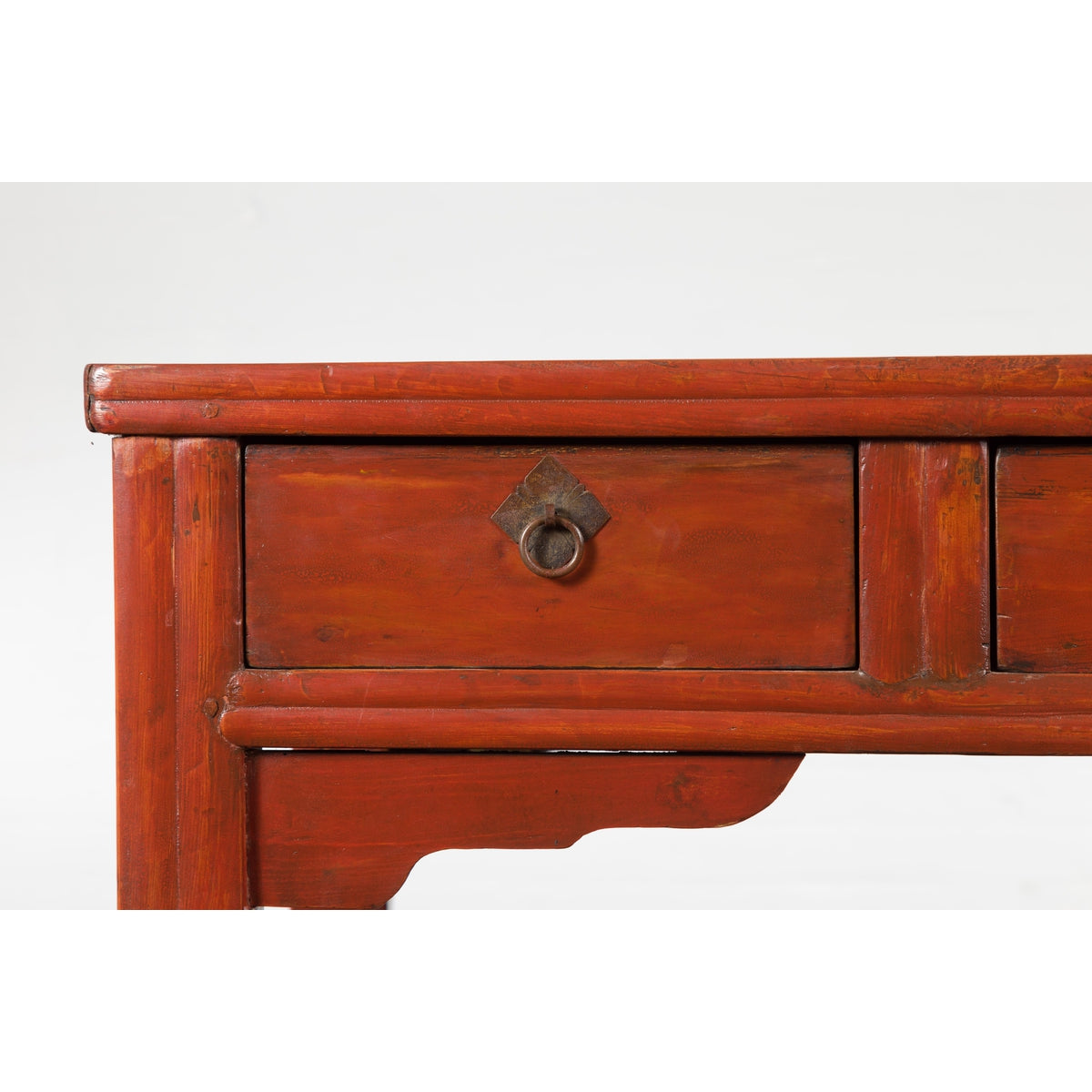Chinese Qing Dynasty 19th Century Red Orange Lacquered Table with Three Drawers-5. Asian & Chinese Furniture, Art, Antiques, Vintage Home Décor for sale at FEA Home