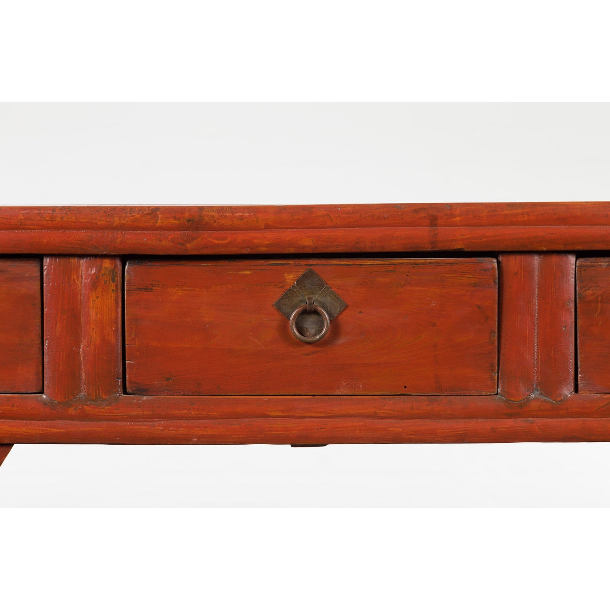 Chinese Qing Dynasty 19th Century Red Orange Lacquered Table with Three Drawers-6. Asian & Chinese Furniture, Art, Antiques, Vintage Home Décor for sale at FEA Home