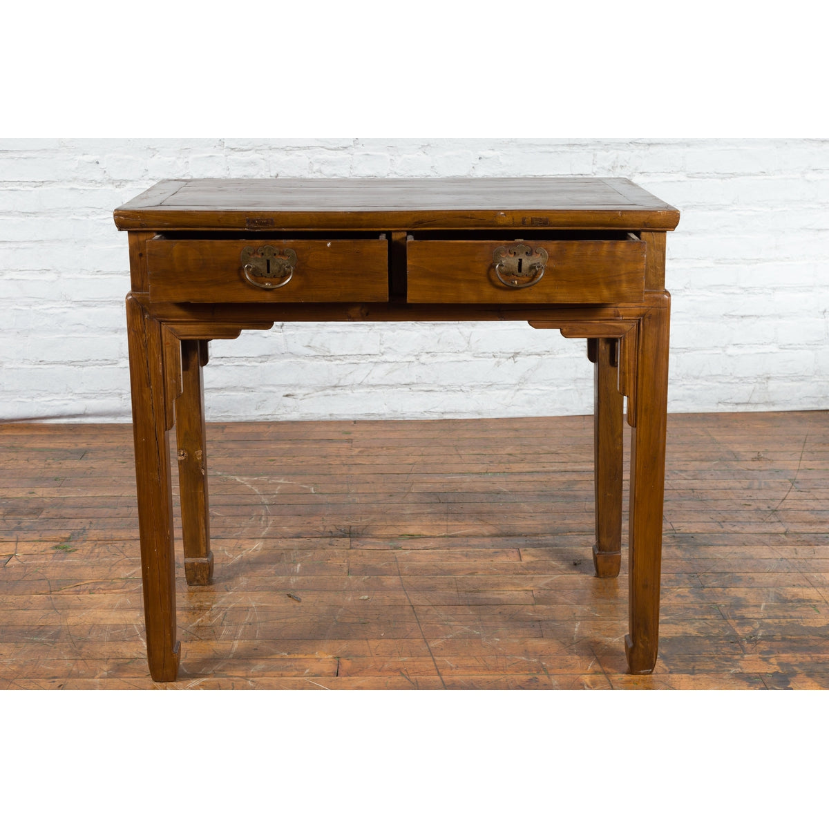 Chinese Qing Dynasty 19th Century Two-Drawer Desk with Bronze Butterfly Hardware-10. Asian & Chinese Furniture, Art, Antiques, Vintage Home Décor for sale at FEA Home