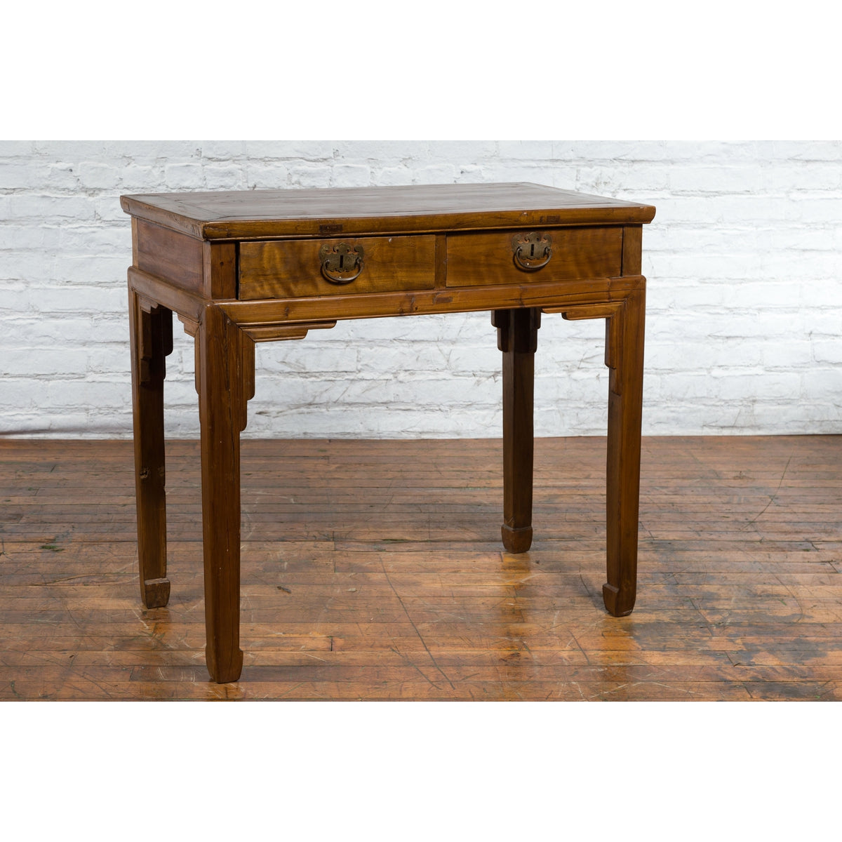 Chinese Qing Dynasty 19th Century Two-Drawer Desk with Bronze Butterfly Hardware-11. Asian & Chinese Furniture, Art, Antiques, Vintage Home Décor for sale at FEA Home