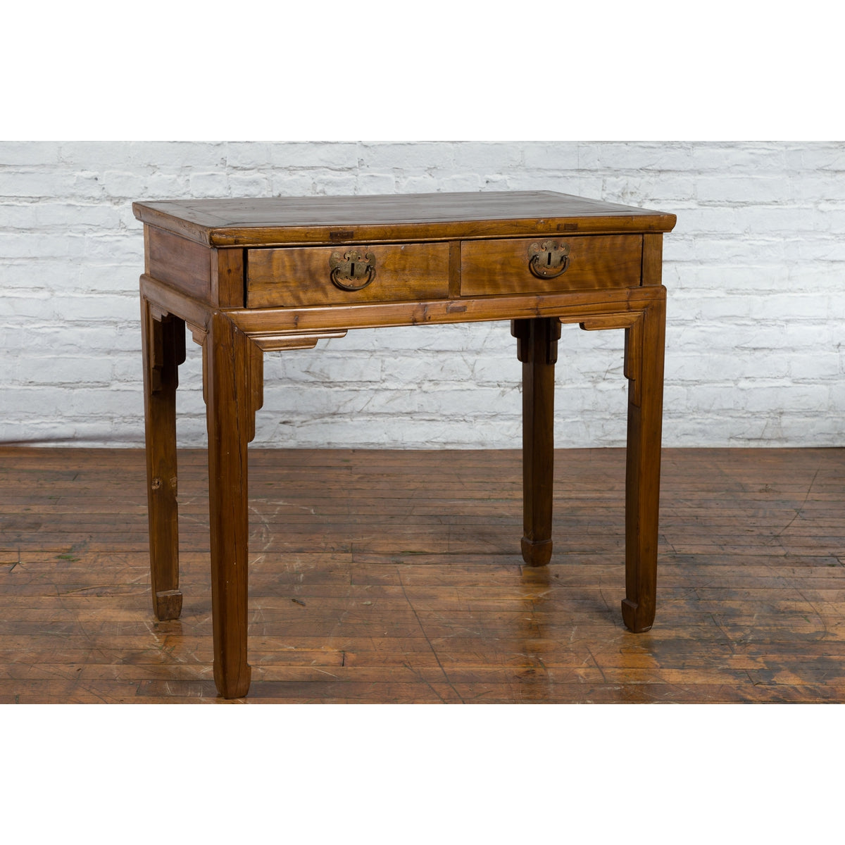 Chinese Qing Dynasty 19th Century Two-Drawer Desk with Bronze Butterfly Hardware-3. Asian & Chinese Furniture, Art, Antiques, Vintage Home Décor for sale at FEA Home