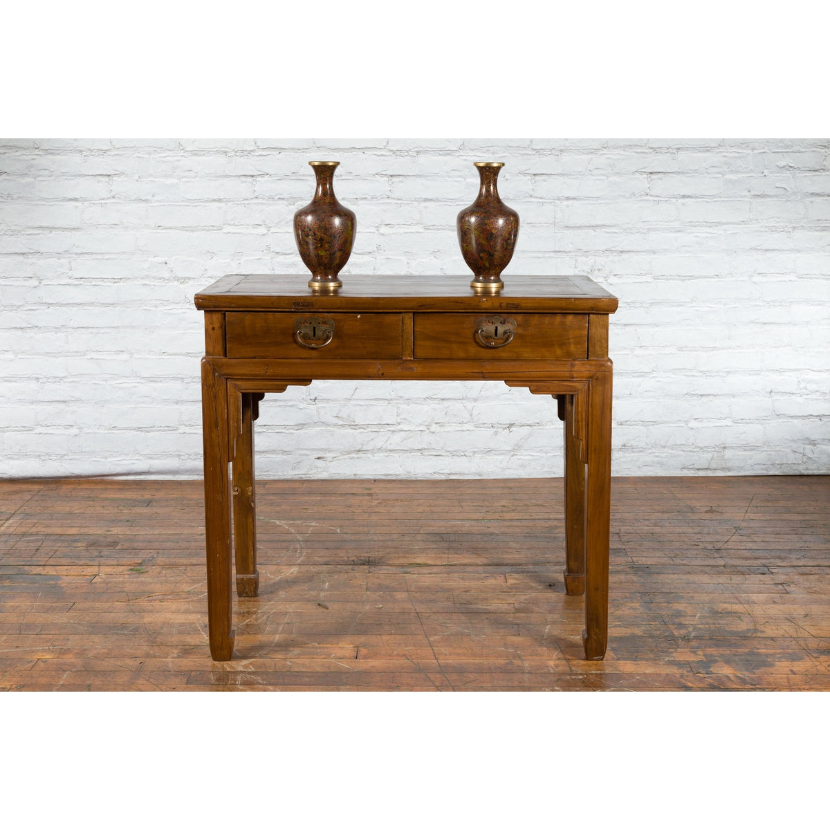 Chinese Qing Dynasty 19th Century Two-Drawer Desk with Bronze Butterfly Hardware-4. Asian & Chinese Furniture, Art, Antiques, Vintage Home Décor for sale at FEA Home