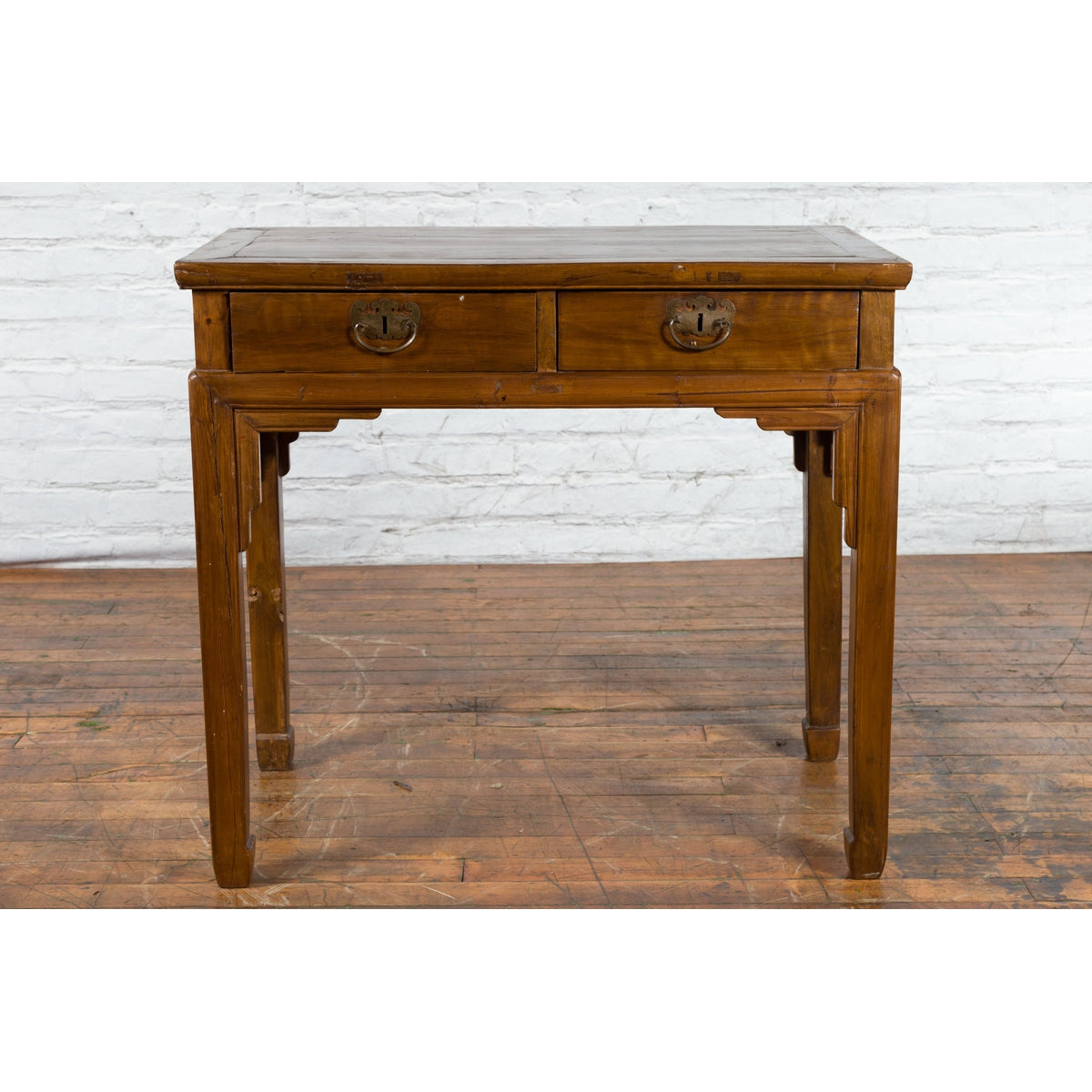 Chinese Qing Dynasty 19th Century Two-Drawer Desk with Bronze Butterfly Hardware-5. Asian & Chinese Furniture, Art, Antiques, Vintage Home Décor for sale at FEA Home