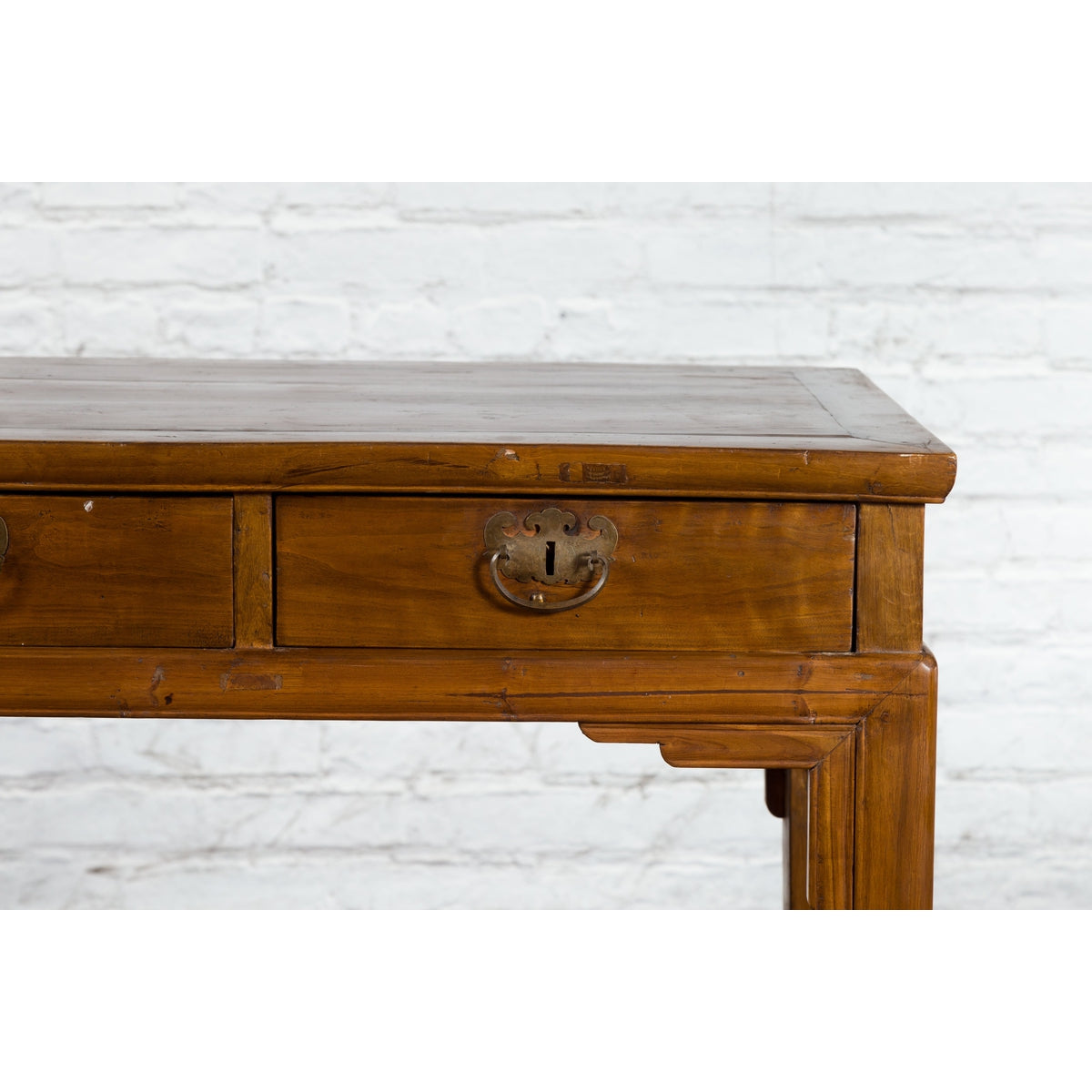 Chinese Qing Dynasty 19th Century Two-Drawer Desk with Bronze Butterfly Hardware-7. Asian & Chinese Furniture, Art, Antiques, Vintage Home Décor for sale at FEA Home