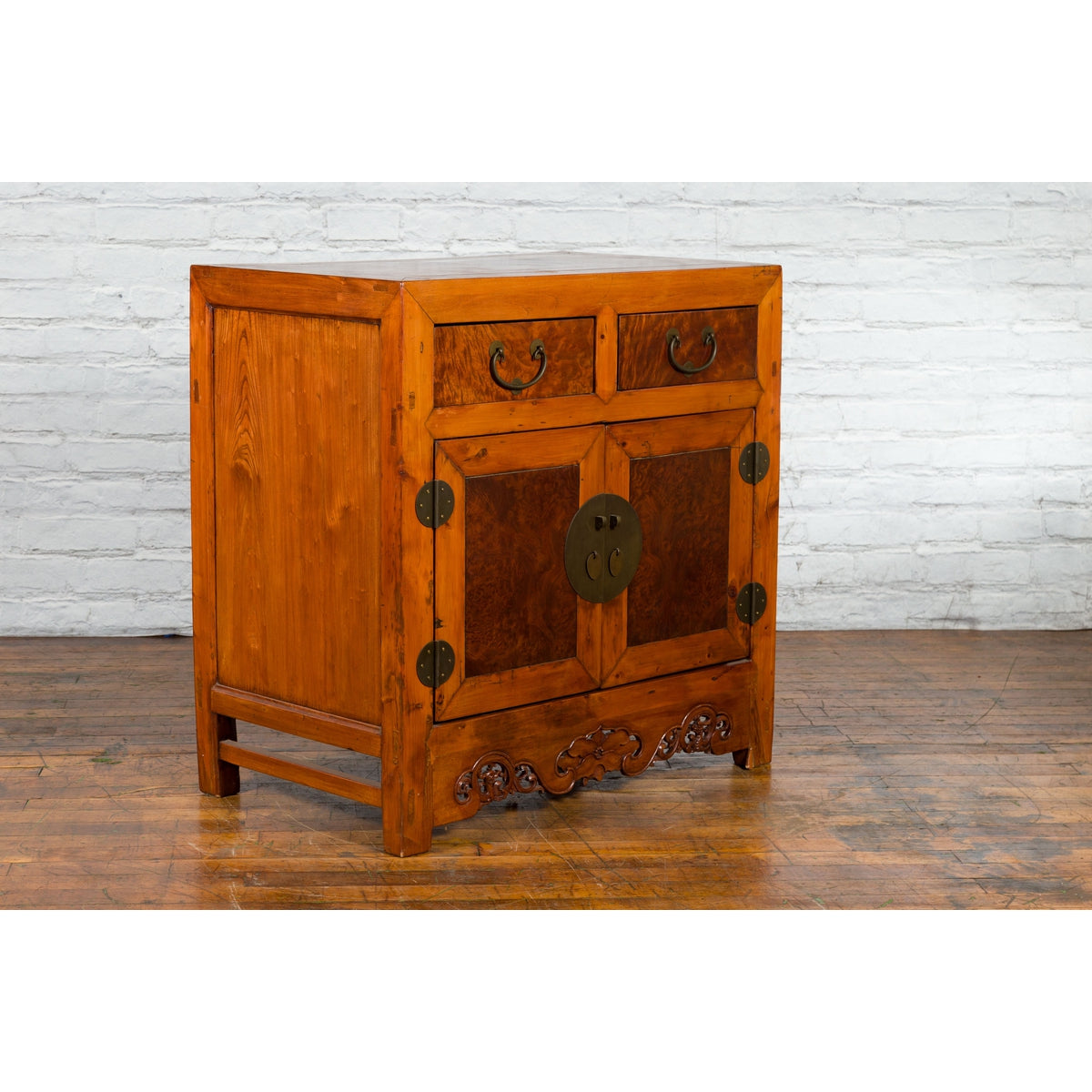 Chinese Qing Dynasty 19th Century Two-Toned Elm Cabinet with Burl Wood Accents-3. Asian & Chinese Furniture, Art, Antiques, Vintage Home Décor for sale at FEA Home