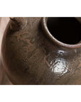 Close-up of glossy, glazed Chinese Qing Dynasty water jug with petite spout, showing textured surface details.