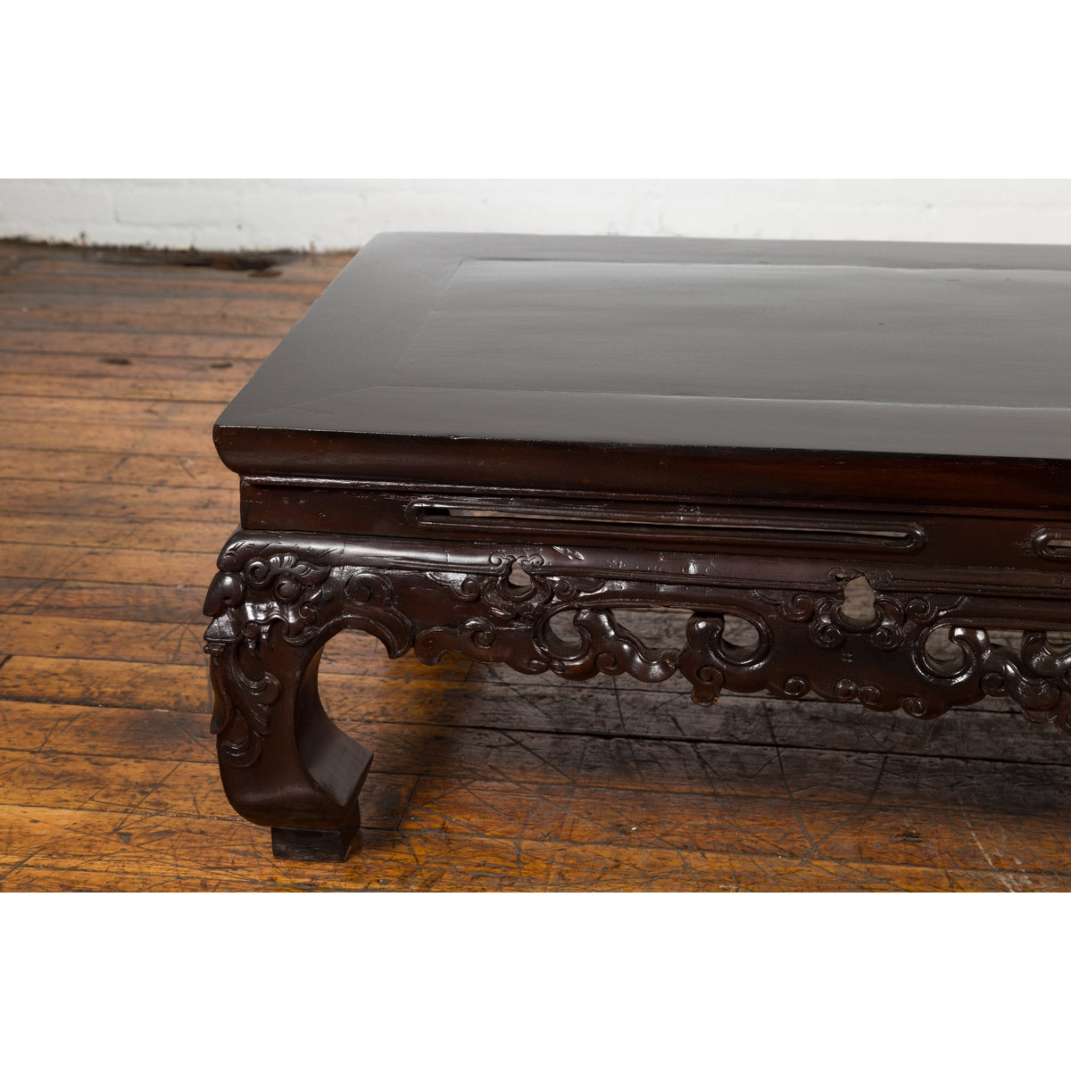 Chinese Qing Dynasty Low Kang Coffee Table with Carved Apron and Dark Lacquer-3. Asian & Chinese Furniture, Art, Antiques, Vintage Home Décor for sale at FEA Home